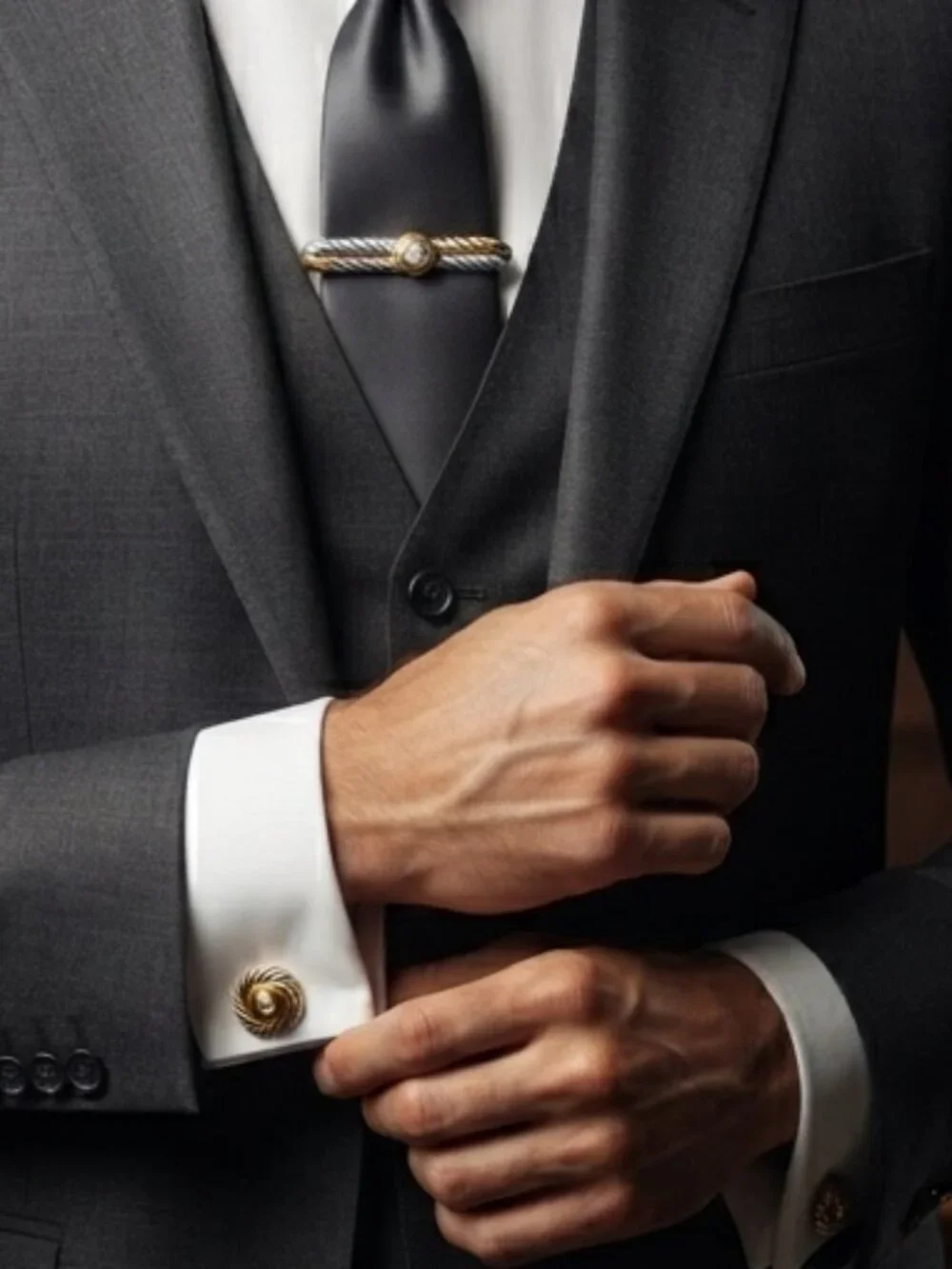14K Gold-Plated Brass with Rhinestones Tie Clip & Cufflinks 3 Pc Set
